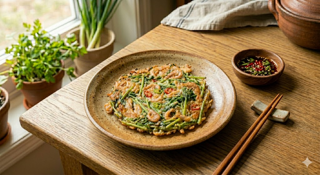 Crispy Korean Food Recipe: 보리새우 미나리전 (Barley Shrimp and Minari Pancake)
