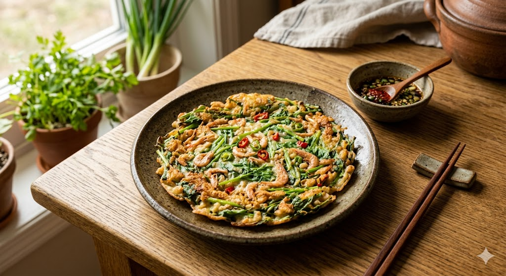 Delicious view of finished barley shrimp minari pancake