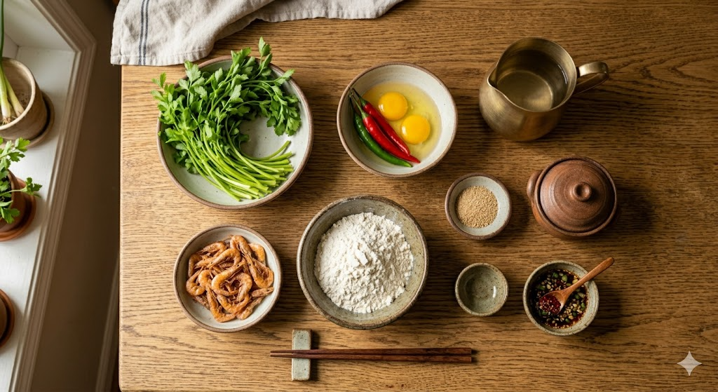 Fresh ingredients needed for making barley shrimp minari pancake