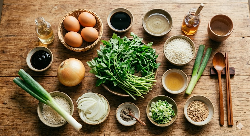 Fresh ingredients needed for Chamnamul Egg Rice Bowl