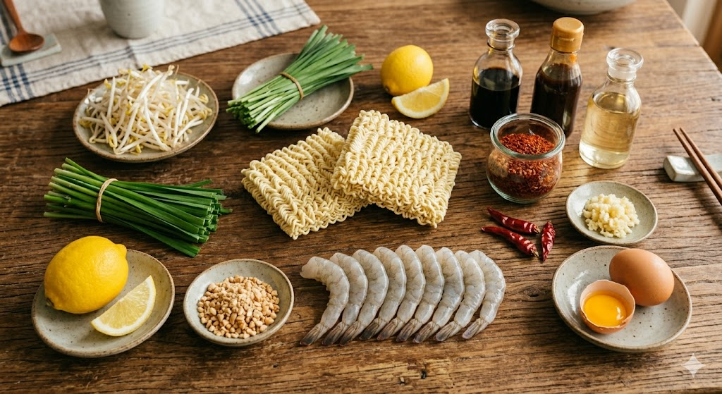 Fresh ingredients needed for making Ramen Pad Thai