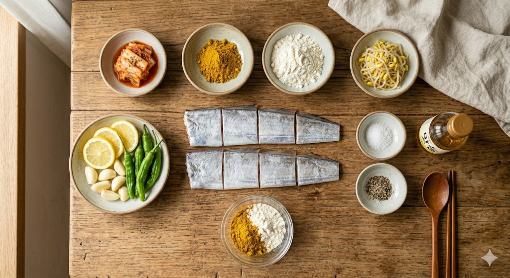 카레 갈치구이 만들기에 필요한 신선한 재료들