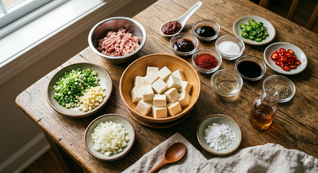 Fresh ingredients needed for Mapo Tofu