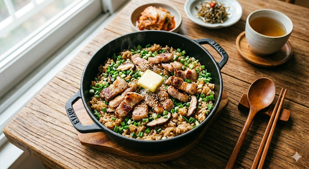 A delicious view of the finished Pork Jowl Pot Rice