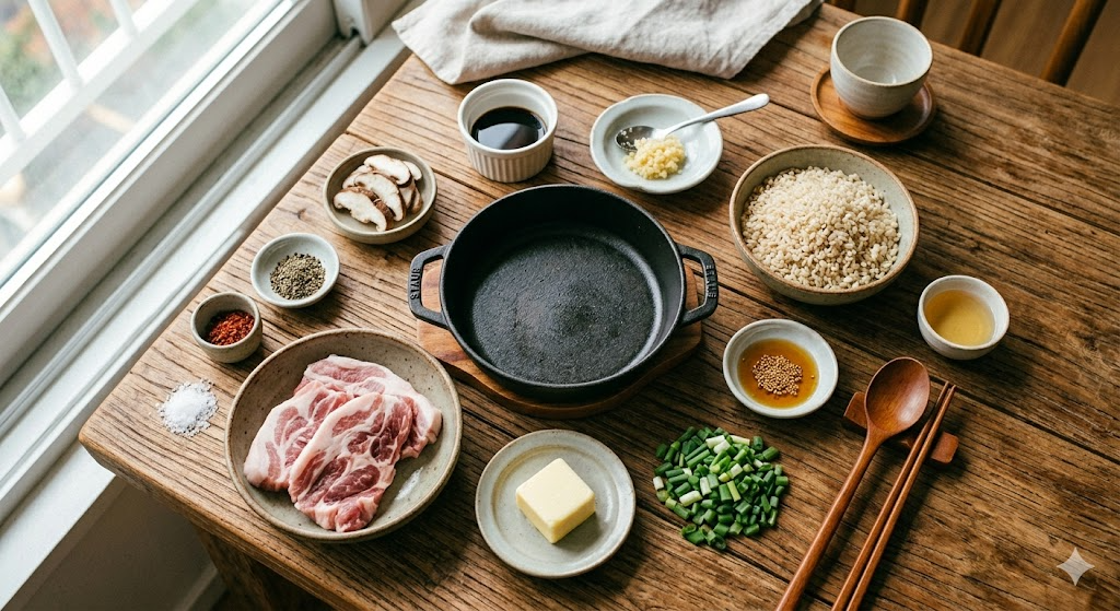 Fresh ingredients needed to make Pork Jowl Pot Rice