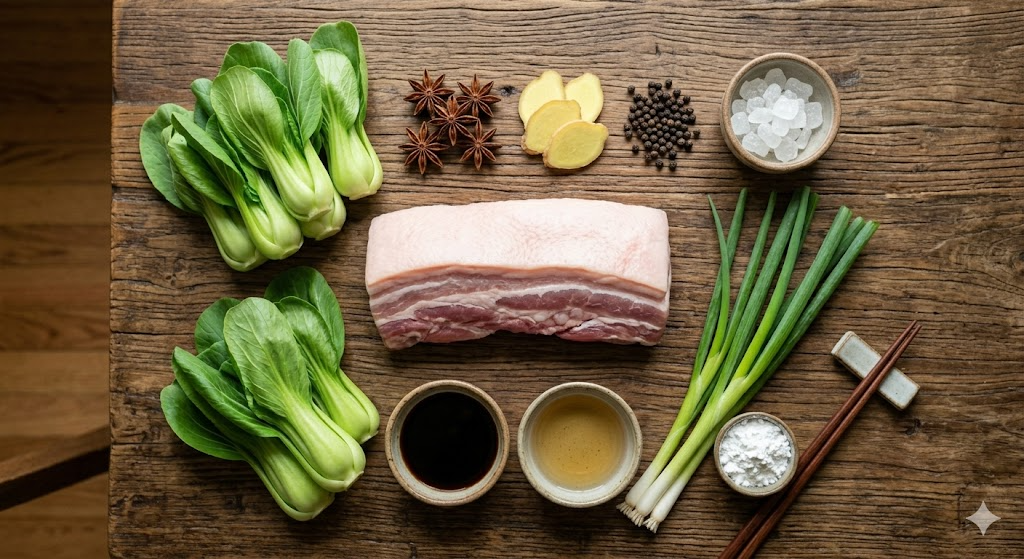 Fresh ingredients needed for making Dongpo Pork