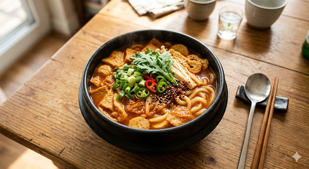 완성된 투다리김치우동의 맛있는 모습