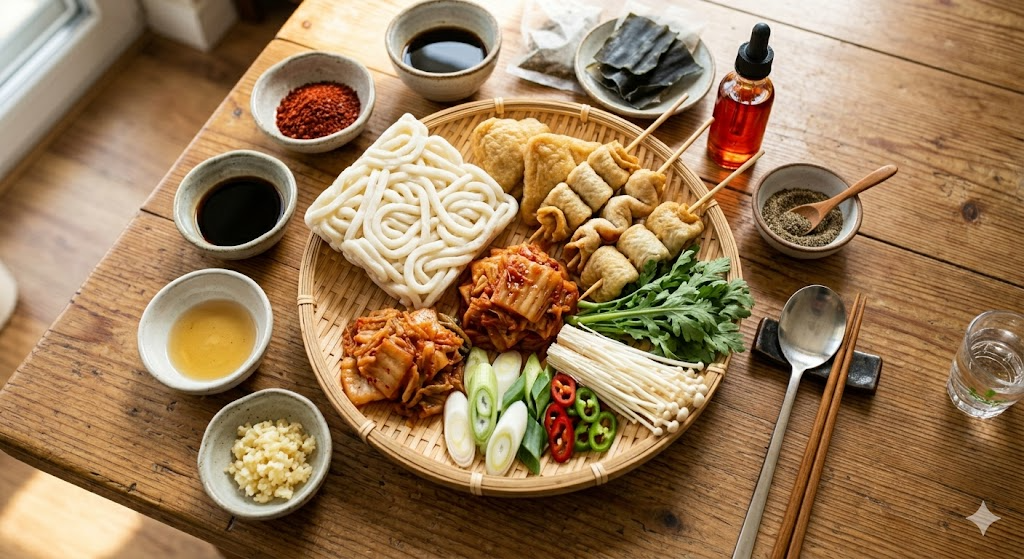 투다리김치우동 만들기에 필요한 신선한 재료들