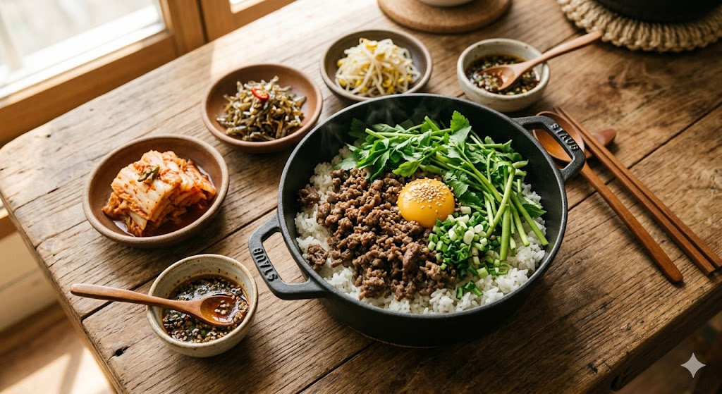 완성된 미나리소고기솥밥의 맛있는 모습