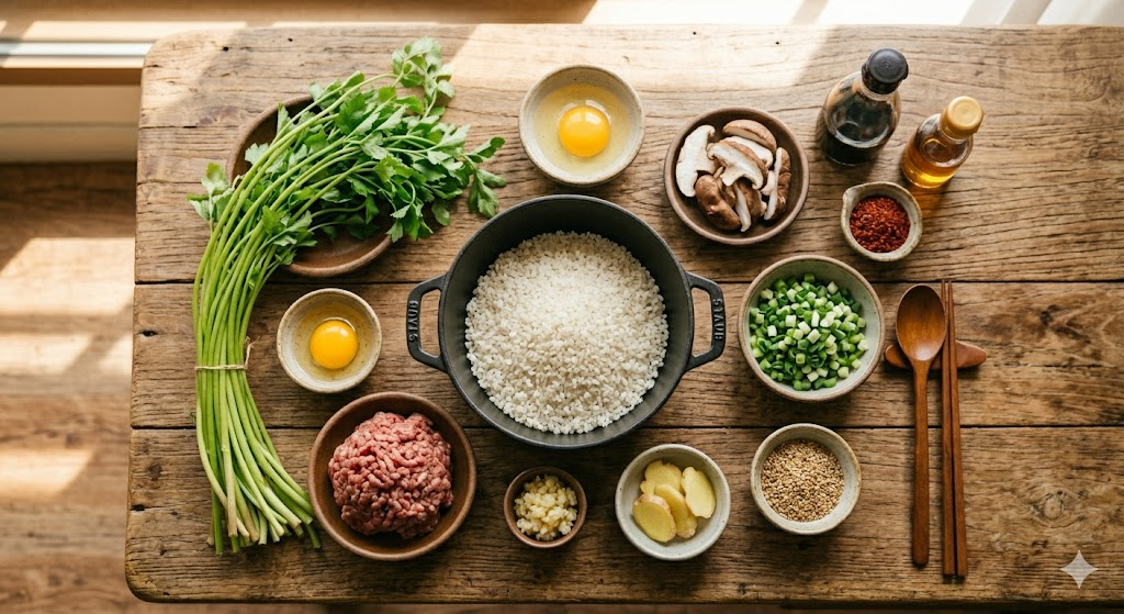 미나리소고기솥밥 만들기에 필요한 신선한 재료들