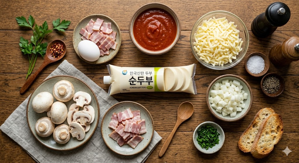 순두부그라탕 만들기에 필요한 신선한 재료들
