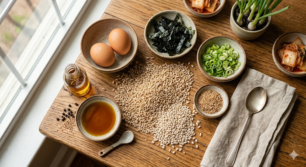 들기름 반숙달걀 보울(천연 위고비 스타일) 만들기에 필요한 신선한 재료들