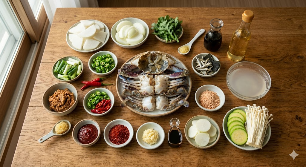 편스토랑 문정희 엄마표 꽃게탕 만들기에 필요한 신선한 재료들