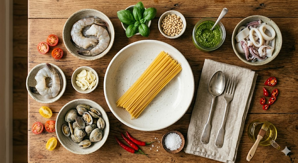 Ingredients for seafood basil pasta