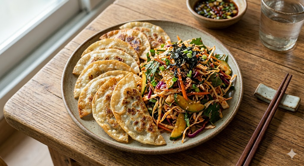 Daegu-style flat mandu served with spicy vegetable bibim