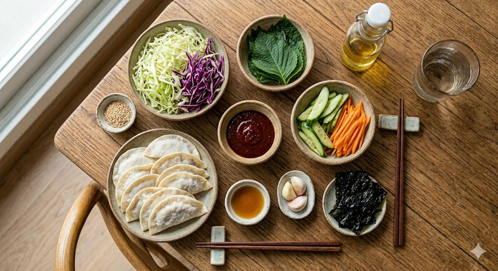 Ingredients for Daegu flat mandu and spicy vegetable bibim