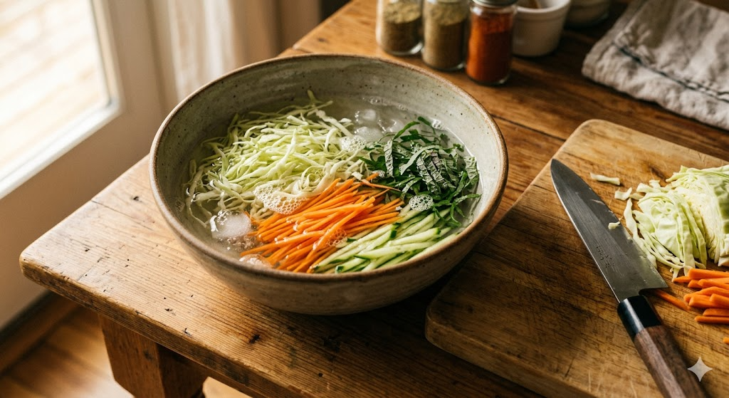 Slicing vegetables for Korean vegetable bibim