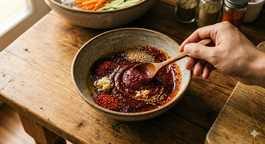 Mixing gochujang bibim sauce for flat mandu