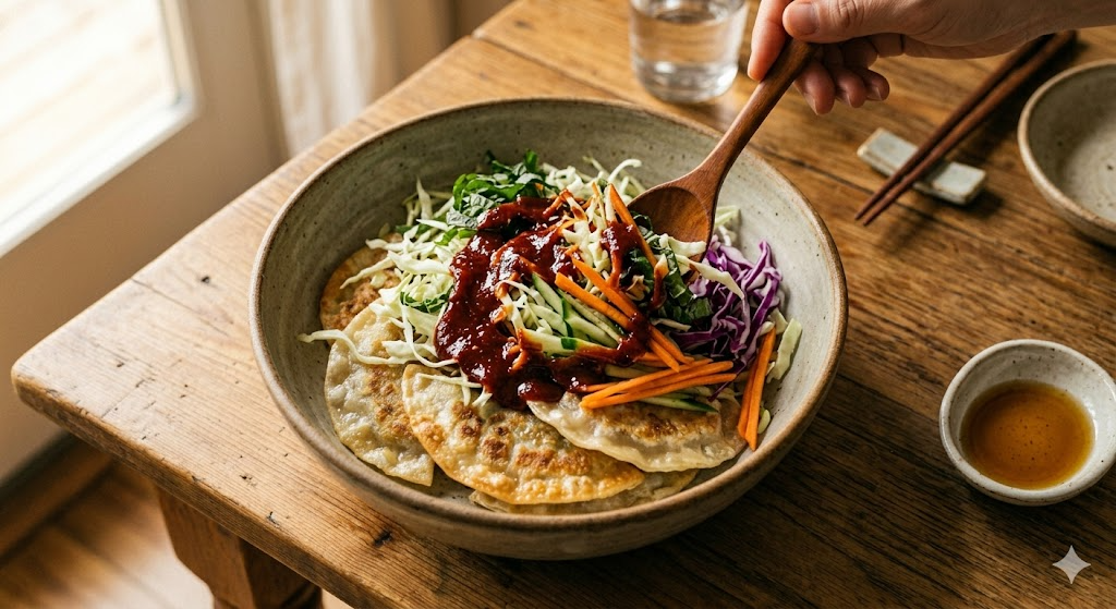 Pan-frying Daegu-style flat mandu until golden