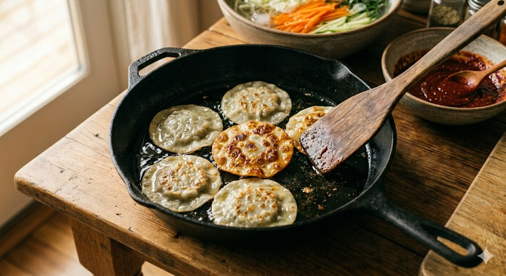 Tossing vegetables with spicy gochujang bibim sauce