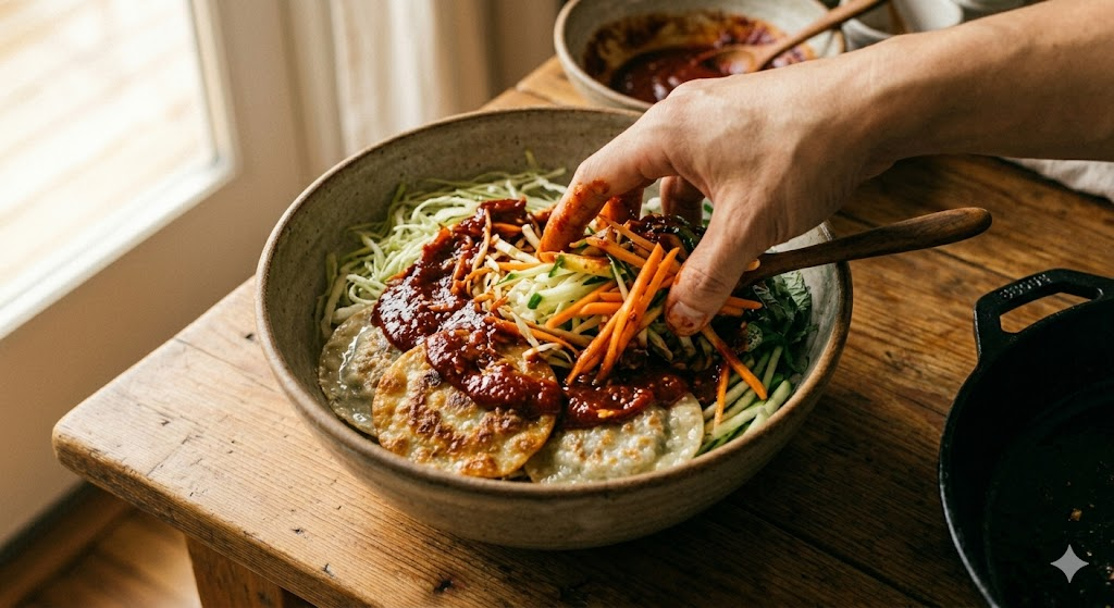 Plating crispy flat mandu with spicy vegetable bibim