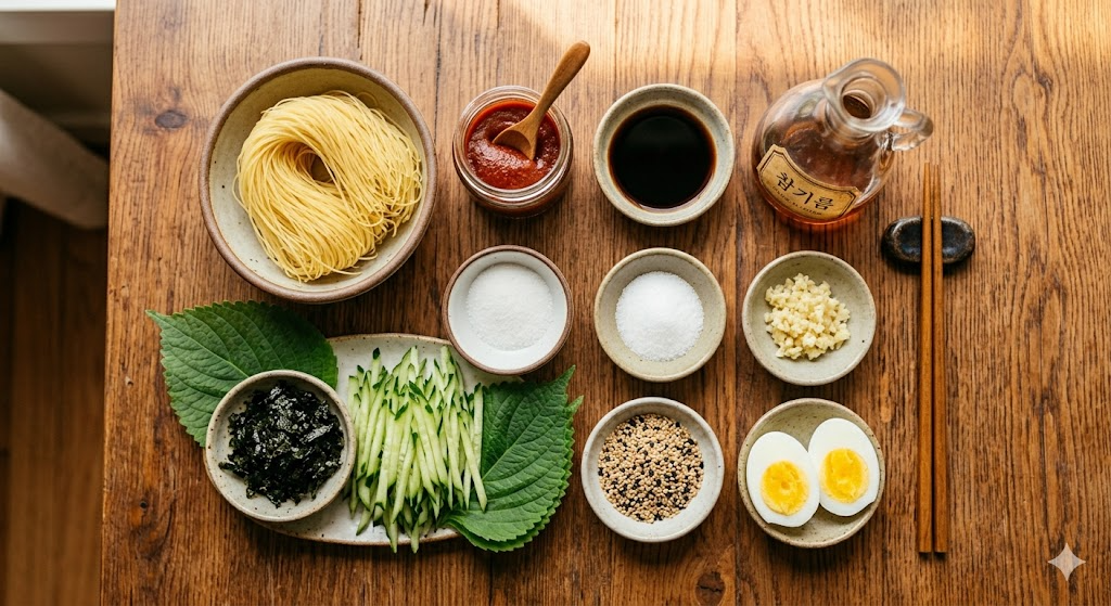 김풍 비빔 파스타 만들기에 필요한 신선한 재료들